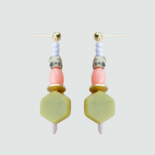 Boucles d'oreilles en pierres et perles - Hexagone jaune