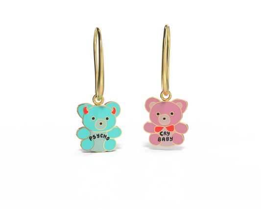 Boucles d'oreilles dépareillées "Psycho et Cry Baby"- Plaqué or 18k